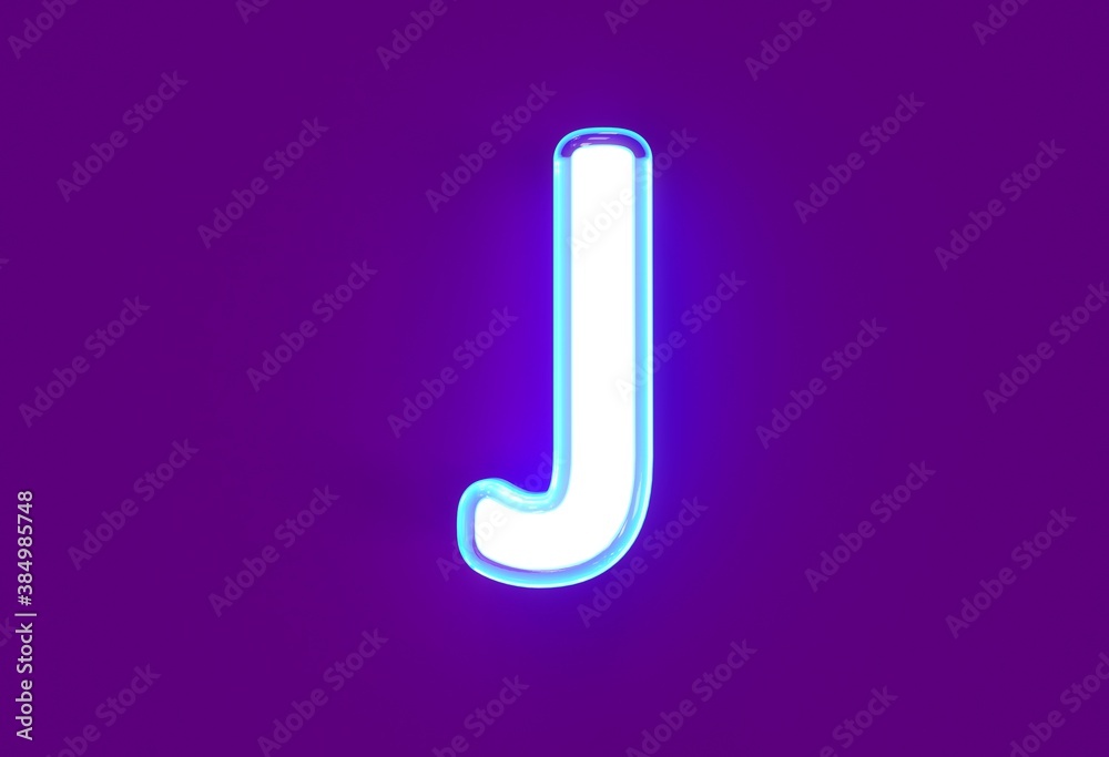 White polished neon light blue glow alphabet - letter J isolated on purple, 3D illustration of symbols White polished neon light blue glow alphabet - letter J isolated on purple, 3D illustration of symbols