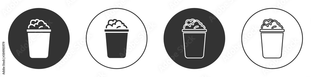 Black Bucket with soap suds icon isolated on white background. Bowl with water. Washing clothes, cleaning equipment. Circle button. Vector.