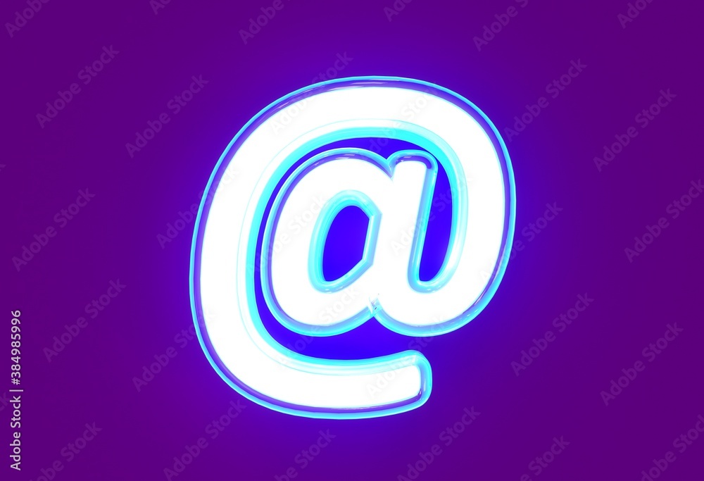 White polished neon light blue glow alphabet - at sign isolated on purple background, 3D illustration of symbols White polished neon light blue glow alphabet - at sign isolated on purple background, 3D illustration of symbols