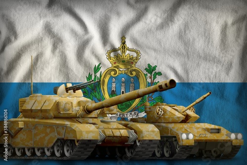 San Marino tank forces concept on the national flag background. 3d Illustration