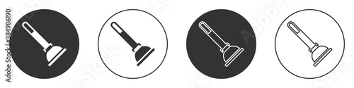 Black Rubber plunger with wooden handle for pipe cleaning icon isolated on white background. Toilet plunger. Circle button. Vector.