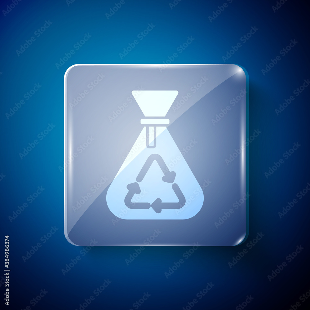 White Garbage bag with recycle symbol icon isolated on blue background. Trash can icon. Recycle basket sign. Square glass panels. Vector. White Garbage bag with recycle symbol icon isolated on blue background. Trash can icon. Recycle basket sign. Square glass panels. Vector.