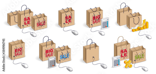 Online shop internet retail sale vector 3D illustrations set isolated on white background, shopping bags with pc mouse, store discount, black Friday concept, clearance.