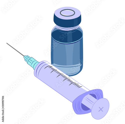 Vector illustration on a medical theme. Image of a syringe and a jar with a virus vaccine. Medical syringe and glass bottle with medicine on table