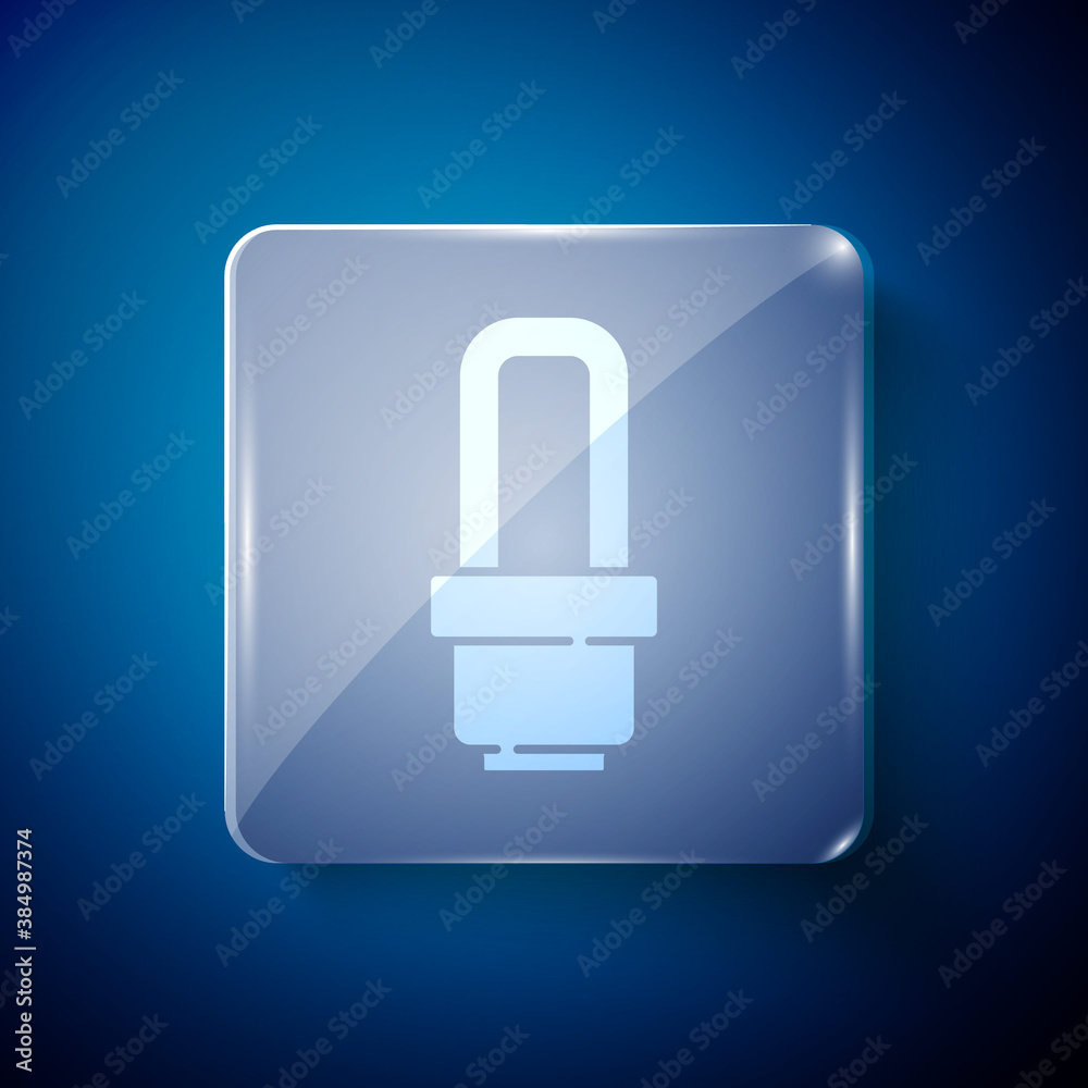 White LED light bulb icon isolated on blue background. Economical LED illuminated lightbulb. Save energy lamp. Square glass panels. Vector. White LED light bulb icon isolated on blue background. Economical LED illuminated lightbulb. Save energy lamp. Square glass panels. Vector.