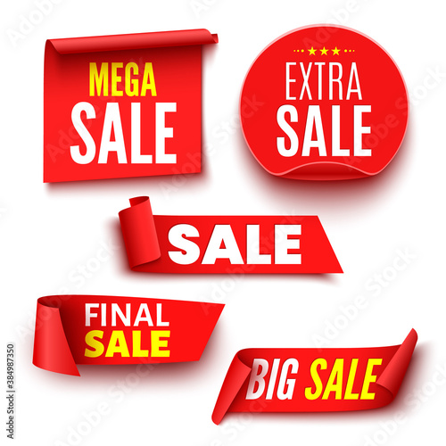 Set of red sale banners on white background. Ribbons and stickers. Paper scrolls. Vector illustration.