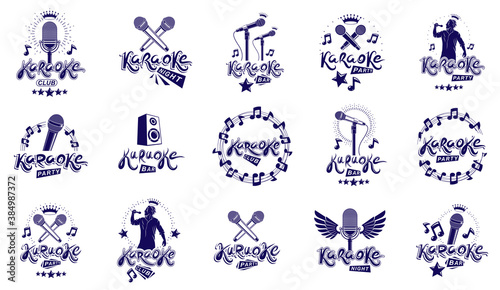 Karaoke party or club logos and emblems vector set isolated, singing music nightlife entertainment weekend theme, microphones and musical notes compositions.