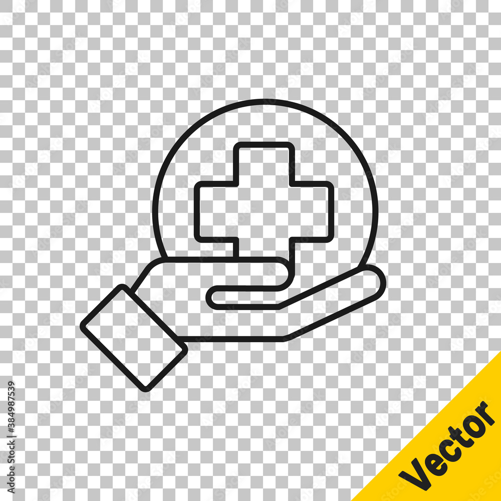 Obraz premium Black line Cross hospital medical icon isolated on transparent background. First aid. Diagnostics symbol. Medicine and pharmacy sign. Vector Illustration.