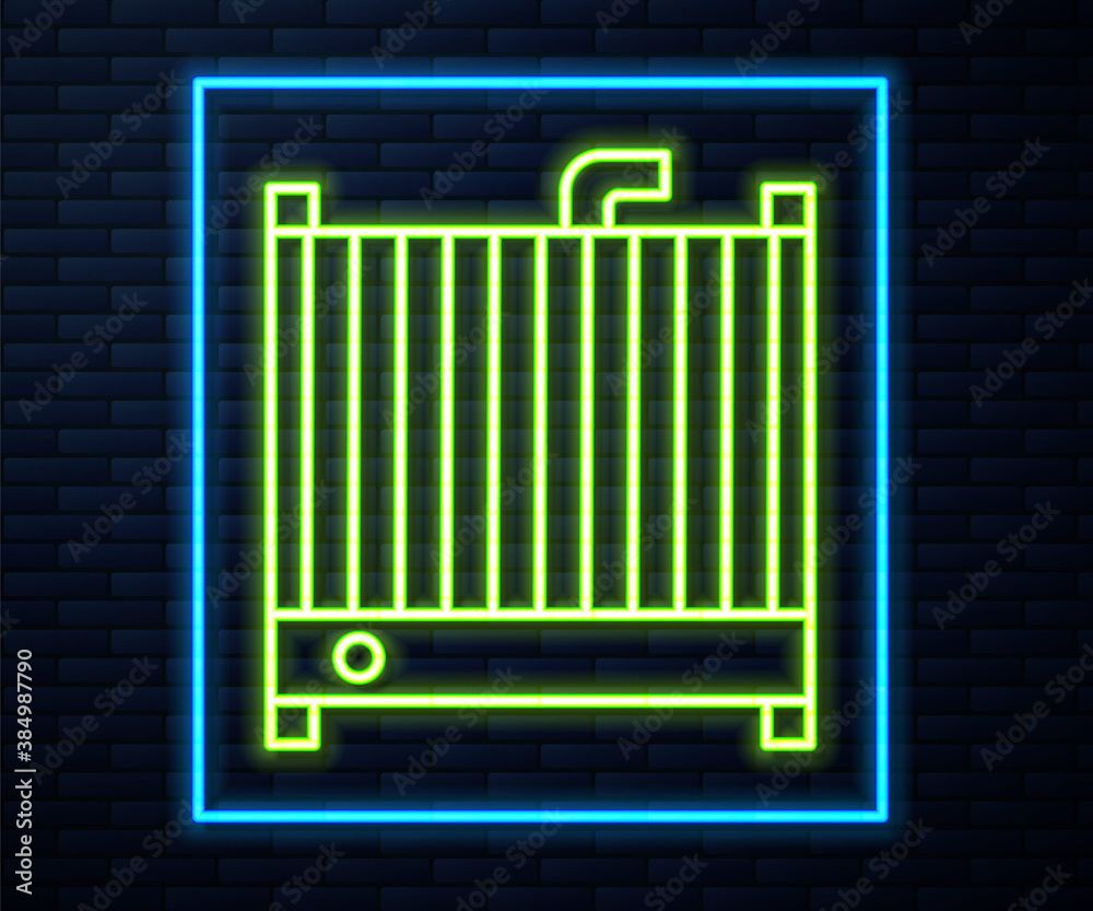 Glowing neon line Car radiator cooling system icon isolated on brick wall background. Vector Illustration.