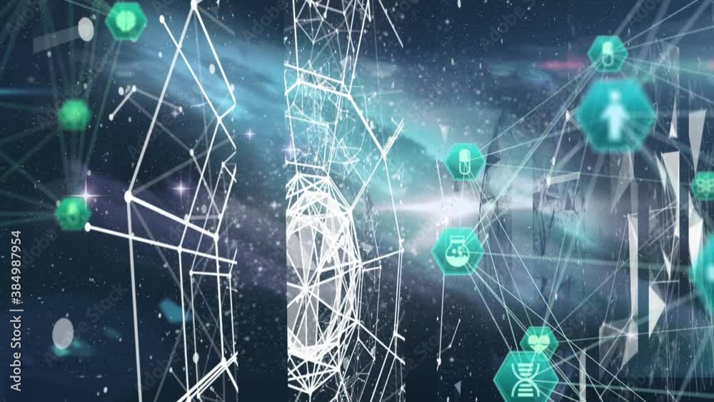Globe of medical icons and network of connections against space in background Globe of medical icons and network of connections against space in background