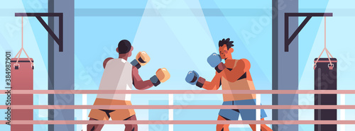 mix race boxers fighting on boxing ring dangerous sport competition training concept modern fight club interior horizontal portrait vector illustration