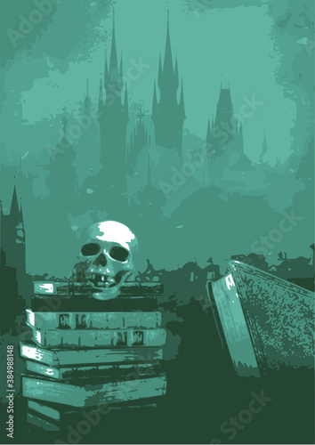 paysage gothique,macabre avec une tête de squelette sur des livres,romans sur fond décor silhouette de châteaux,brumes  en couleur vert,bleu pâle.