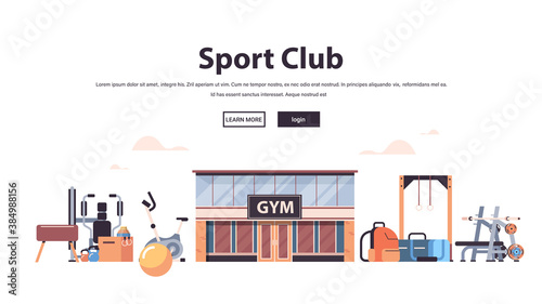 different fitness equipment gym tools set training healthy lifestyle concept horizontal copy space vector illustration