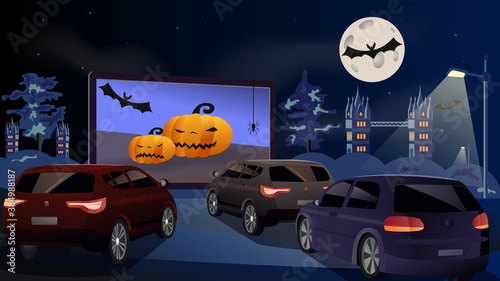 Open space auto theater. Drive-in cinema. Open-air cars are watching a movie on the movie screen. Halloween concept, with pumpkin, spiders, bat, full moon. Vector