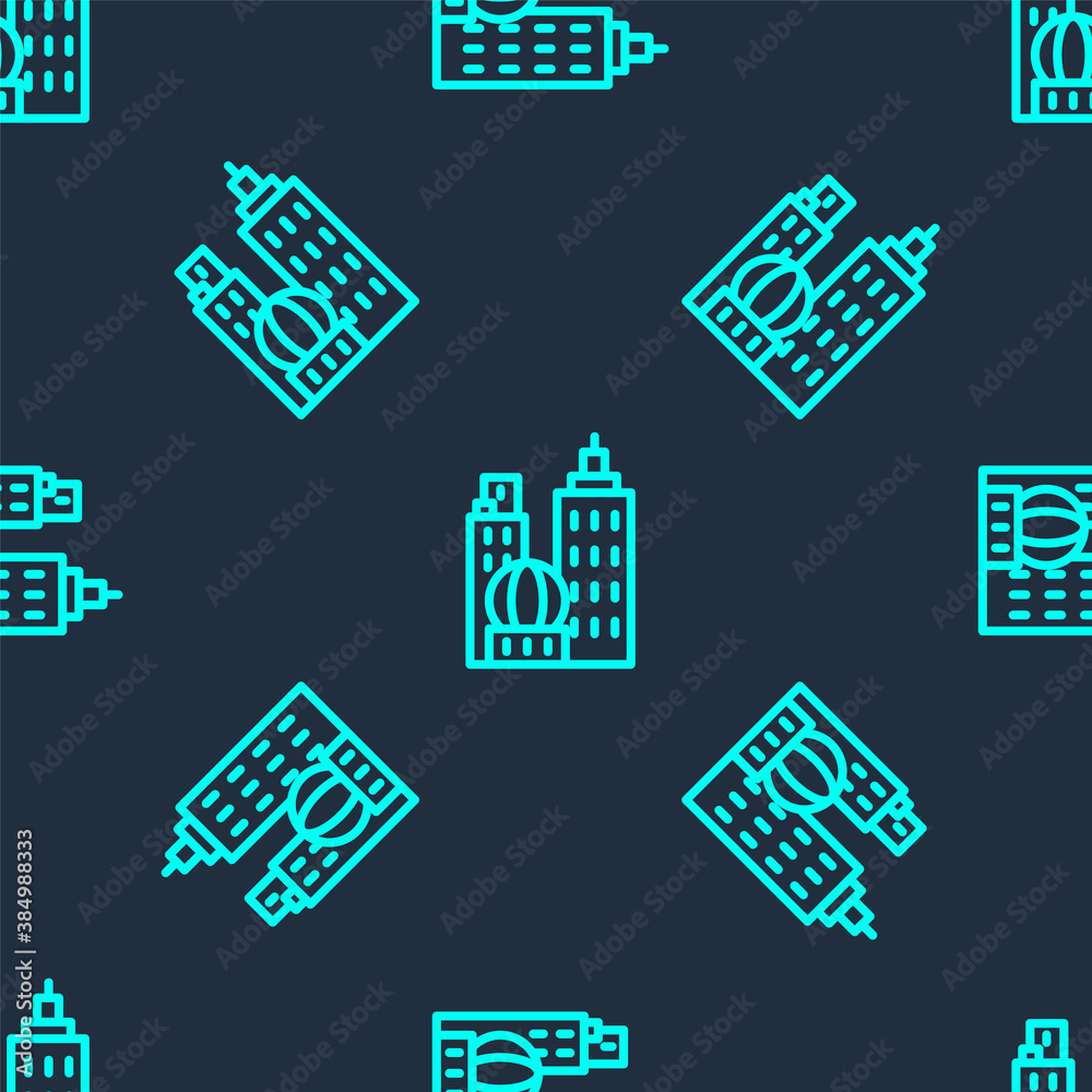 Green line City landscape icon isolated seamless pattern on blue background. Metropolis architecture panoramic landscape. Vector Illustration.