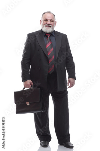 smiling business man with a leather briefcase. isolated on a white