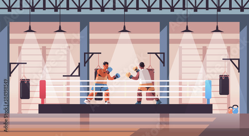 mix race boxers fighting on boxing ring dangerous sport competition training concept modern fight club interior horizontal full length vector illustration
