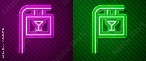 Glowing neon line Street signboard with inscription Bar icon isolated on purple and green background. Suitable for advertisements bar, cafe, restaurant. Vector Illustration.
