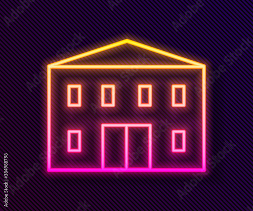 Glowing neon line School building icon isolated on black background. Vector Illustration.