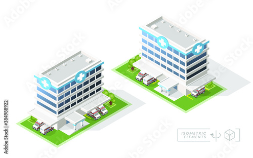 Isometric High Quality City Hospital with Shadows on White Background . Isolated Vector Elements