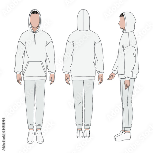 Vector sports suit with pants and hoodie. Technical drawing of man's figure sketch. Vector thin line girl model template. Man's body front back and side view.