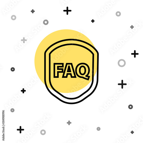 Black line Shield with text FAQ information icon isolated on white background. Guard sign. Security, safety, protection, privacy concept. Random dynamic shapes. Vector Illustration.