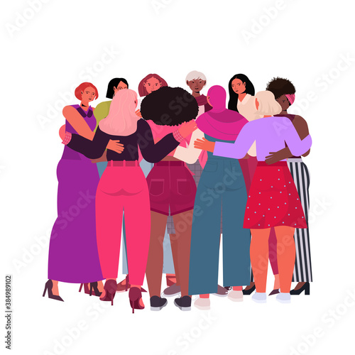 mix race girls embracing standing together female empowerment movement women power concept full length isolated vector illustration