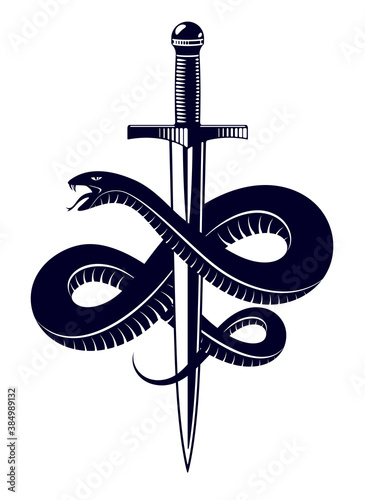 Snake and Dagger, Serpent wraps around a sword vector vintage tattoo, Roman god Mercury, luck and trickery, allegorical logo or emblem of ancient symbol.