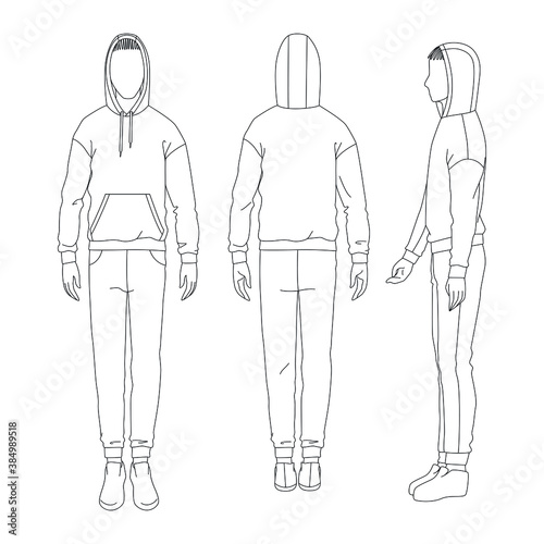 Vector sports suit with pants and hoodie. Technical drawing of man's figure sketch. Vector thin line girl model template. Man's body front back and side view.