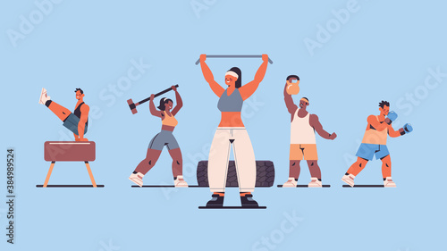 mix race people doing physical exercises working out in gym fitness training healthy lifestyle concept full length horizontal vector illustration