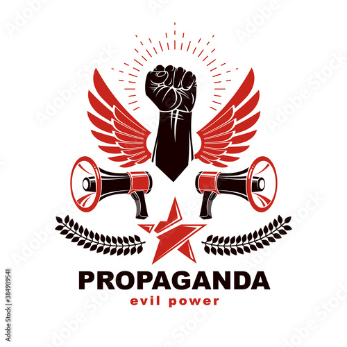 Vector leaflet created using clenched fists raised up, freedom wings and loudspeaker equipment. Propaganda as a powerful weapon of influence on social behavior.
