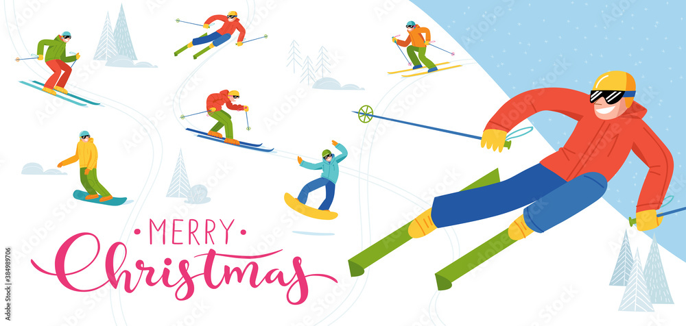 Ski resort banner or card with people doing winter sports. Ski resort banner or card with people doing winter sports.