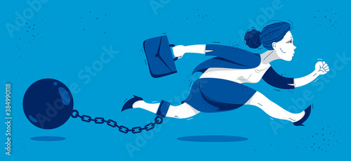 Business woman run with a shackles and weight on her leg symbolizes problems such as debt crisis or taxes vector illustration, funny comic cute cartoon businesswoman worker or employee in a rush.