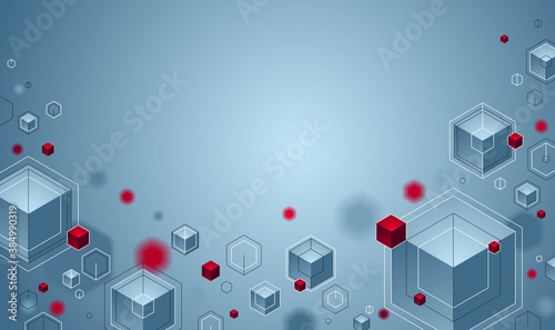 Cubes cluster with red and blue elements lines and dots vector abstract background, 3D abstraction geometric design, technology and science theme.