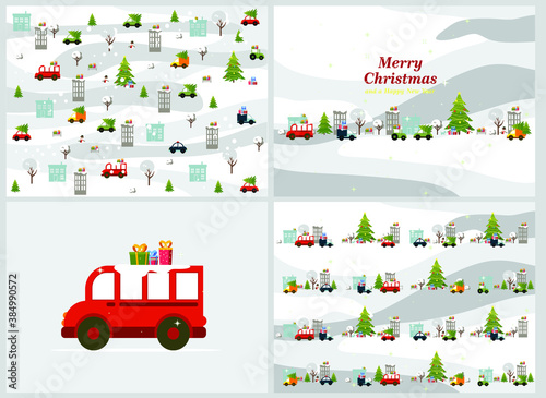 set of Christmas cards, decorated Christmas tree with garlands, toys and balls, Christmas gifts and cars
