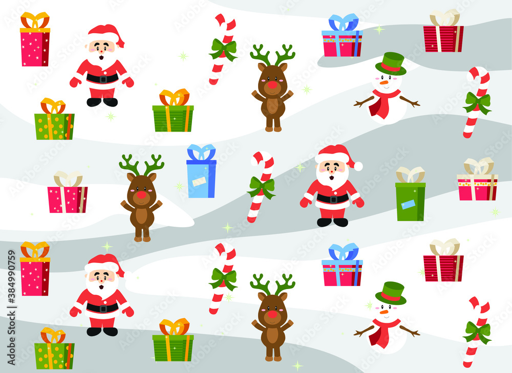 Christmas background, decorated Christmas tree with garlands, toys and balls, Christmas gifts and santa claus, deer, snowman