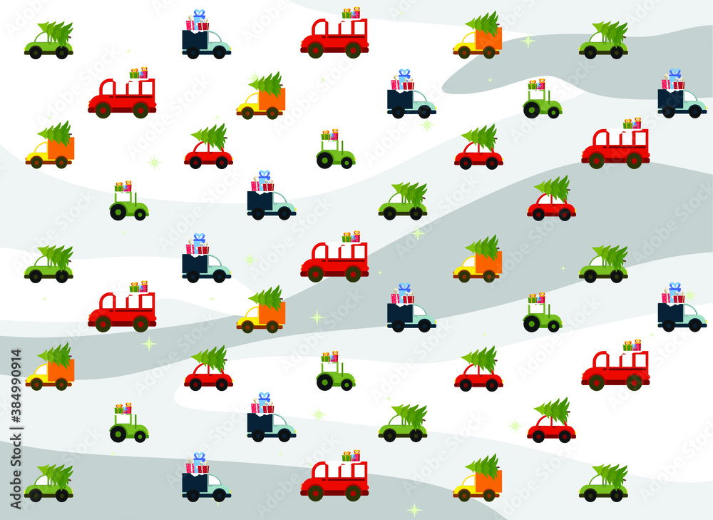 Obraz premium Christmas card, decorated Christmas tree with garlands, toys and balls, Christmas gifts and cars