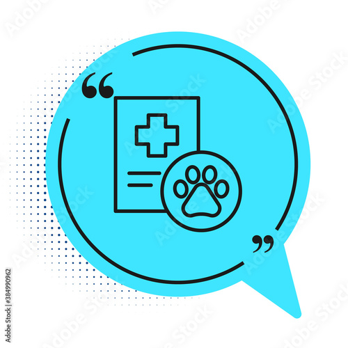 Black line Clipboard with medical clinical record pet icon isolated on white background. Health insurance form. Medical check marks report. Blue speech bubble symbol. Vector.