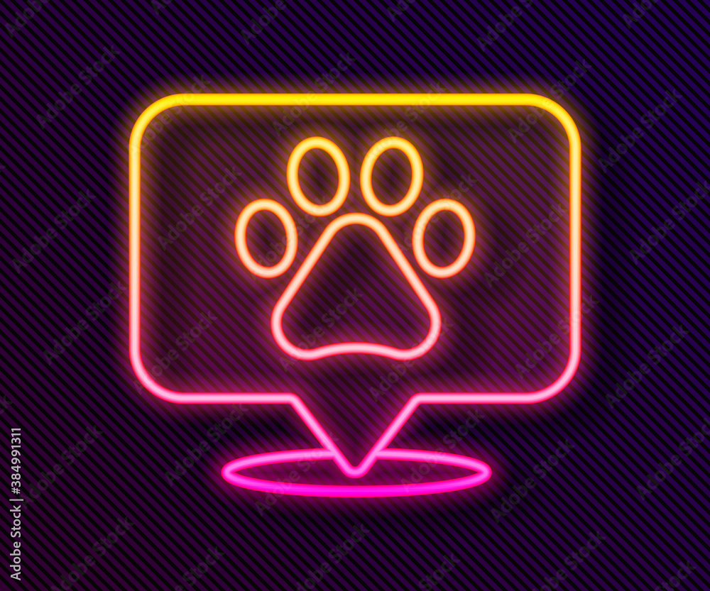 Glowing neon line Map pointer with veterinary medicine hospital, clinic or pet shop for animals icon isolated on black background. Vet or veterinarian clinic. Vector.