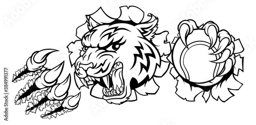 A tiger tennis player cartoon animal sports mascot holding a ball in its claw