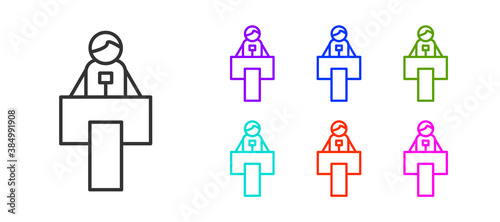 Black line Stage stand or debate podium rostrum icon isolated on white background. Conference speech tribune. Set icons colorful. Vector.