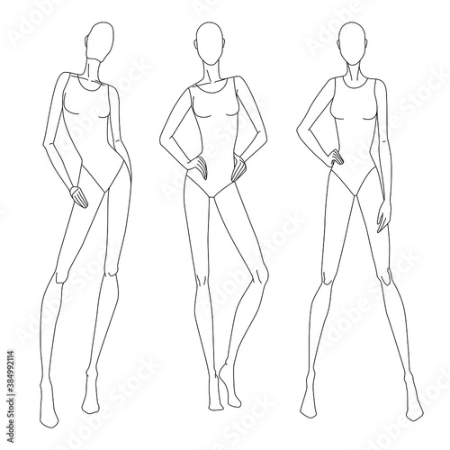 Technical drawing of woman's figure. Vector thin line girl model template for fashion sketching. Woman's body poses. The position of the hand at the waist and walking on runway. Separate layers.
