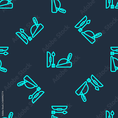 Green line Robin hood hat with feather, bow and arrow icon isolated seamless pattern on blue background. Vector.