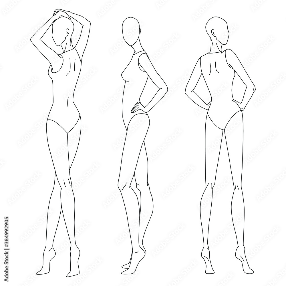 Technical drawing of womans figure Vector thin line girl model template  for fashion sketching Womans body poses The position of the hand at the  waist and walking on runway Separate layers Stock