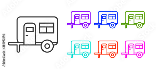 Black line Rv Camping trailer icon isolated on white background. Travel mobile home, caravan, home camper for travel. Set icons colorful. Vector.