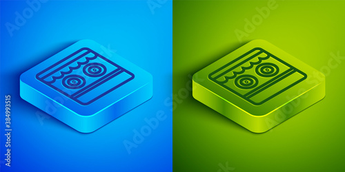 Isometric line Shooting gallery icon isolated on blue and green background. Square button. Vector.