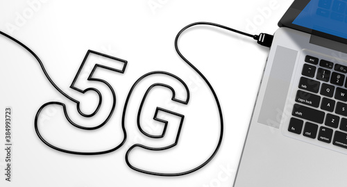 a usb cable plugged into a laptop, draw the shape of the word 5G
