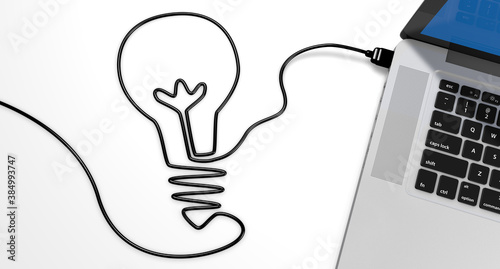 a usb cable plugged into a laptop, draw the shape of a electric bulb