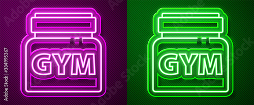 Glowing neon line Sports nutrition bodybuilding proteine power drink and food icon isolated on purple and green background. Vector.
