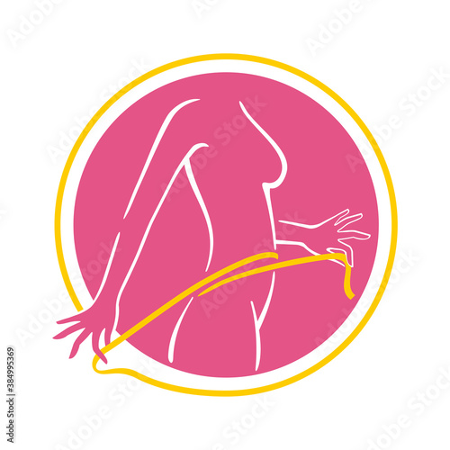 Weight loss logo - dieting program emblem (isolated icon) in form of abstract woman silhouette (fat and shapely figure) with measuring tape around 